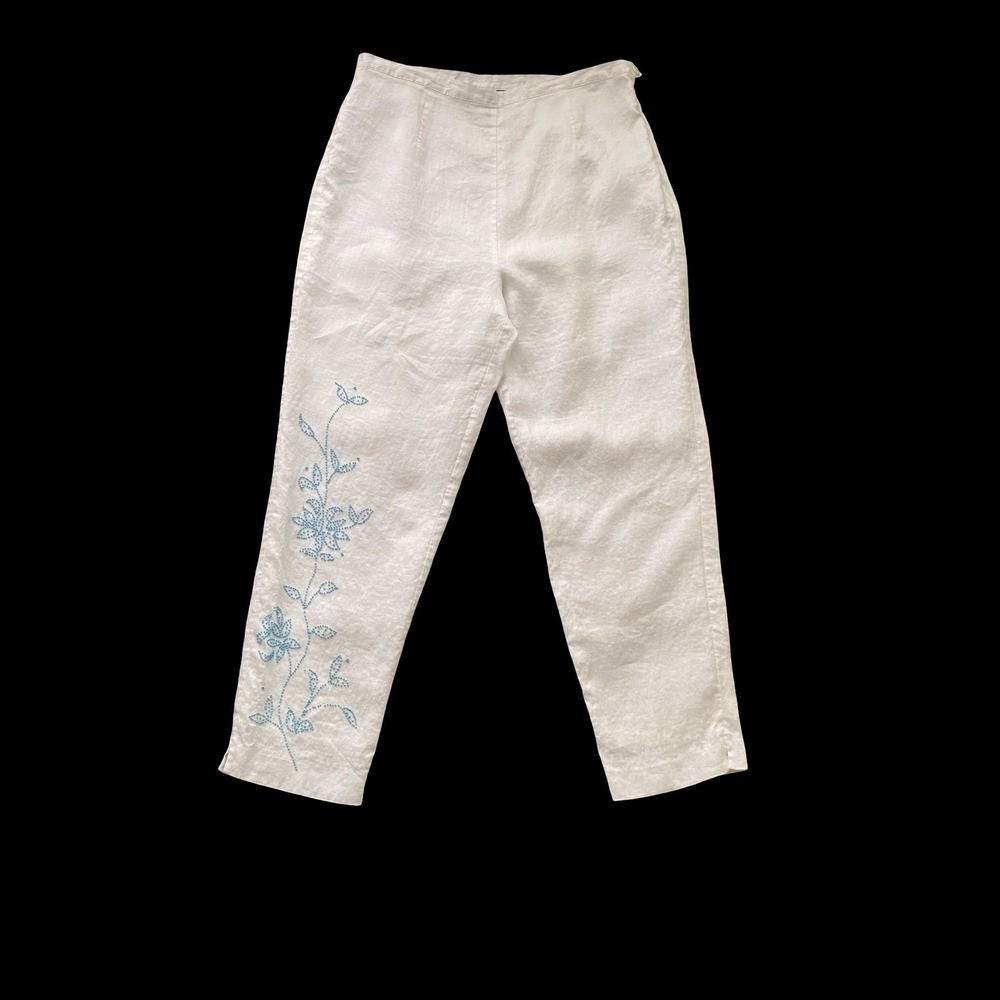 Vintage Silkland White Ramie Beaded Floral Tapered Pants High Rise Women Size 16